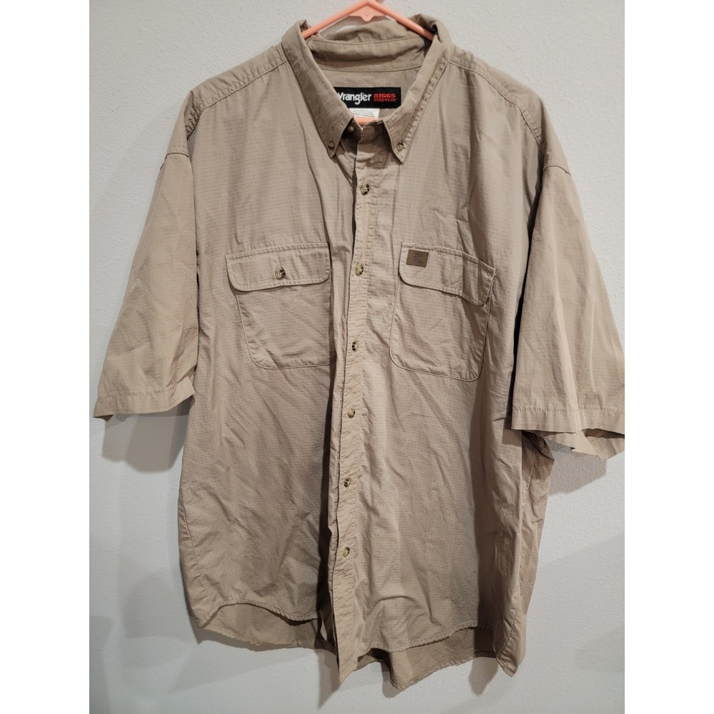 Wrangler Mens Button‎ Up Shirt XXL Tan Riggs Workwear Ripstop Short Sleeve